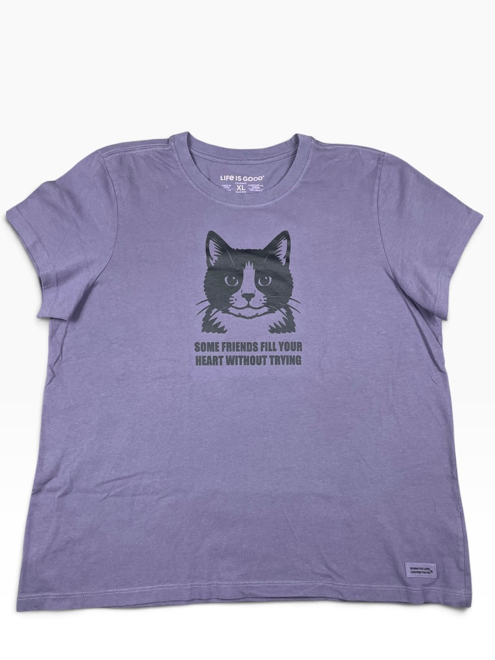 Life is Good "Fill Your Heart" Tuxedo Cat Casual Pet Lover Crusher Tee NWT - XL